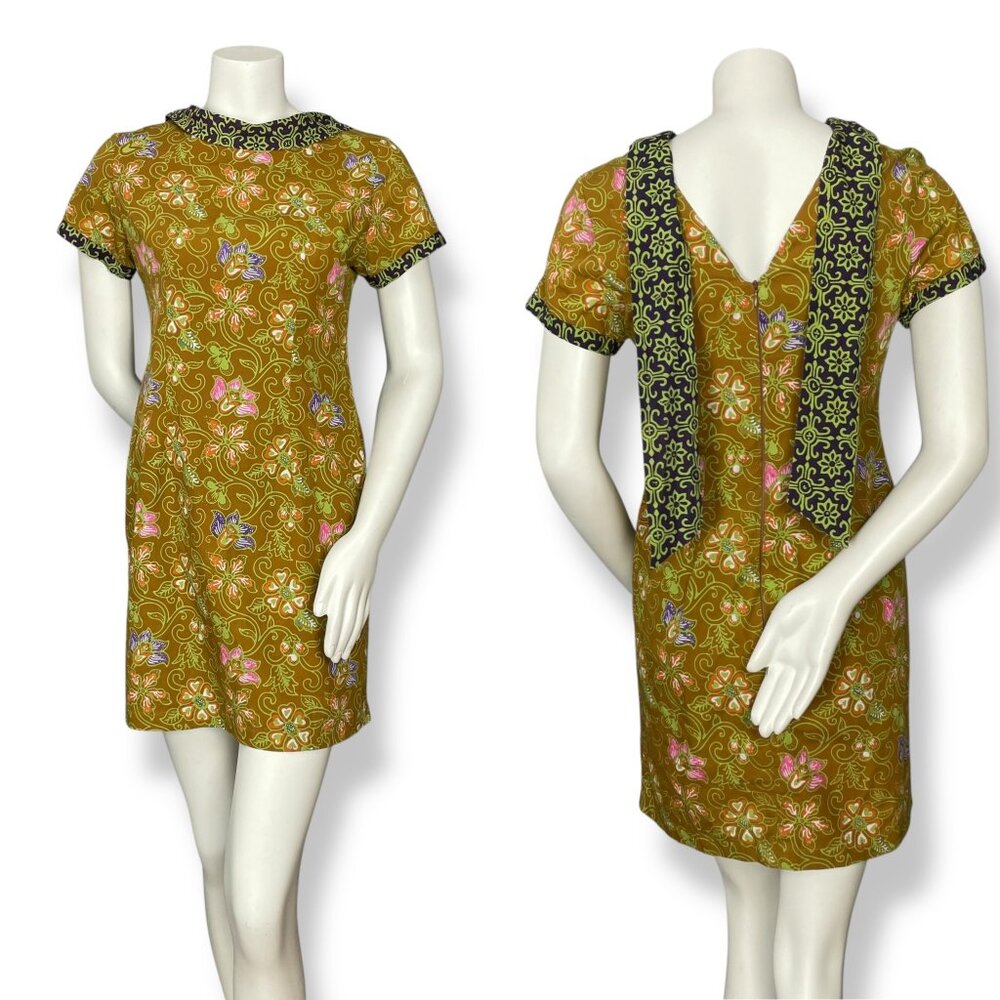 Batik Keris Dress Sheath Floral Unique Collar Cotton Women Size Medium Indonesia